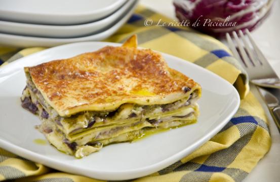 Lasagne al radicchio, fontina e pesto Lasagne al radicchio, fontina e pesto